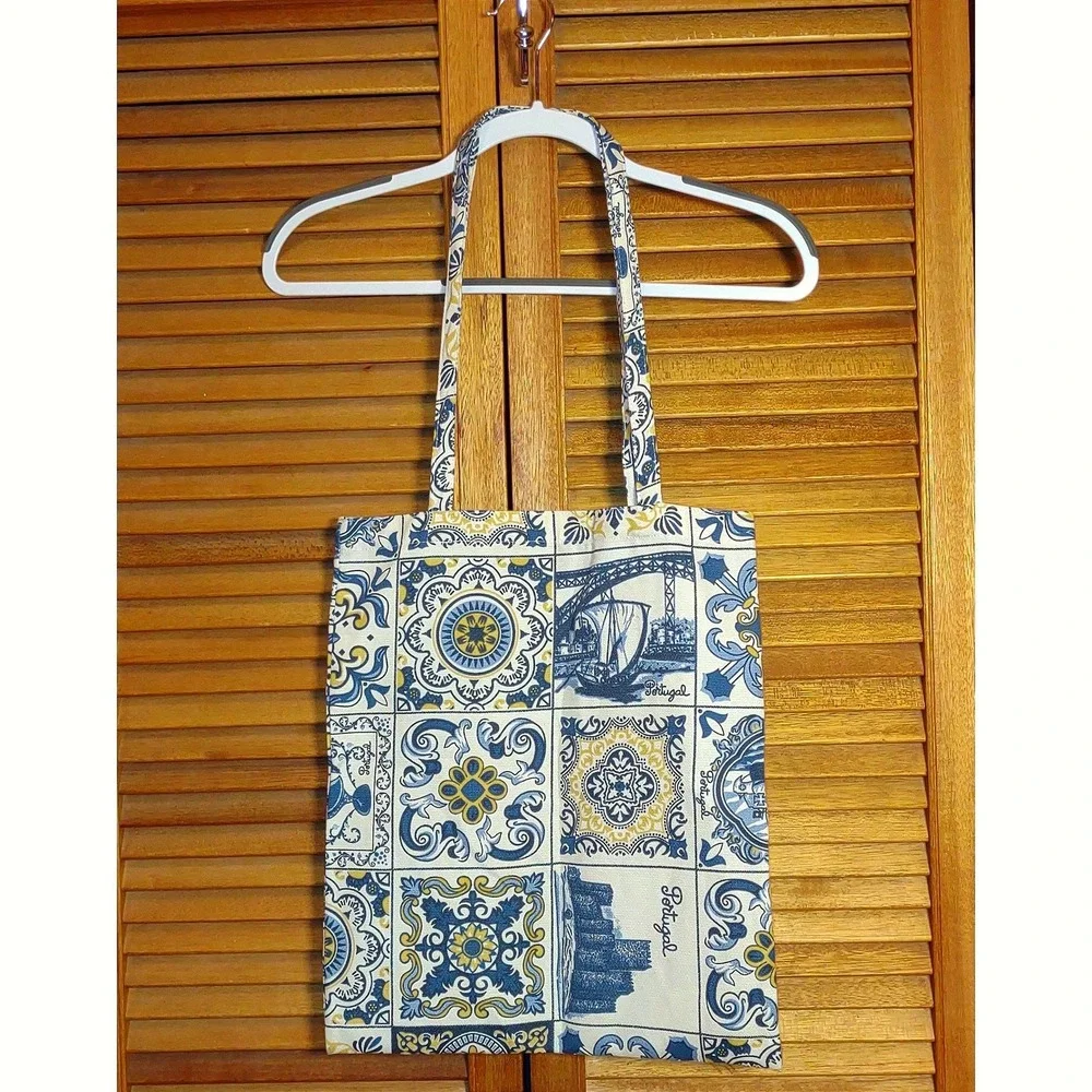 Portuguese Cotton Tote Bag Azulejo Tile Print OS Blue Yellow Excellent Condition